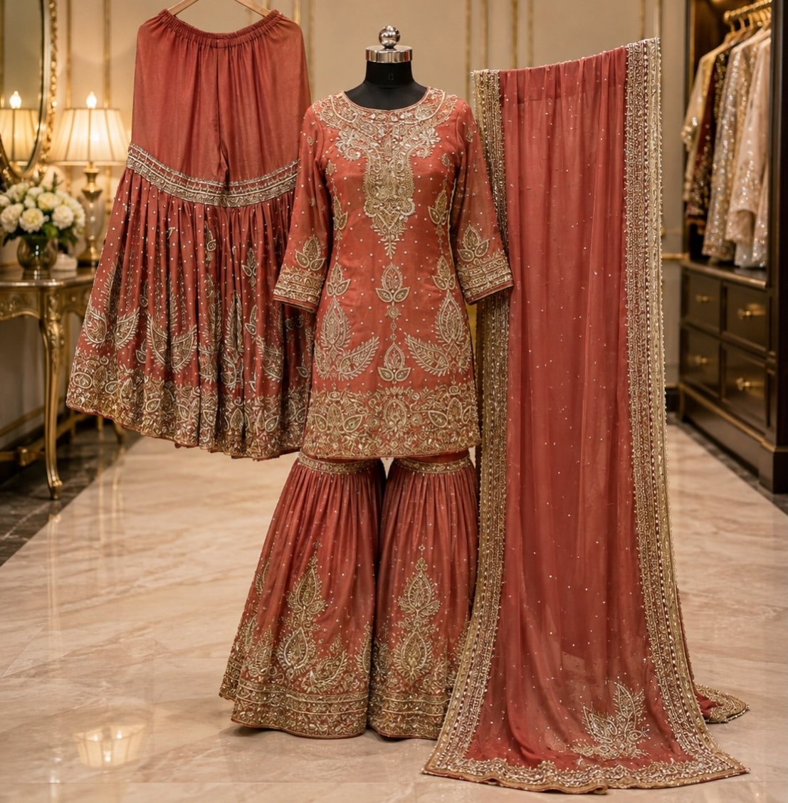 Fashion Hut Terracotta Sunset Handcrafted Zardosi Sharara Set