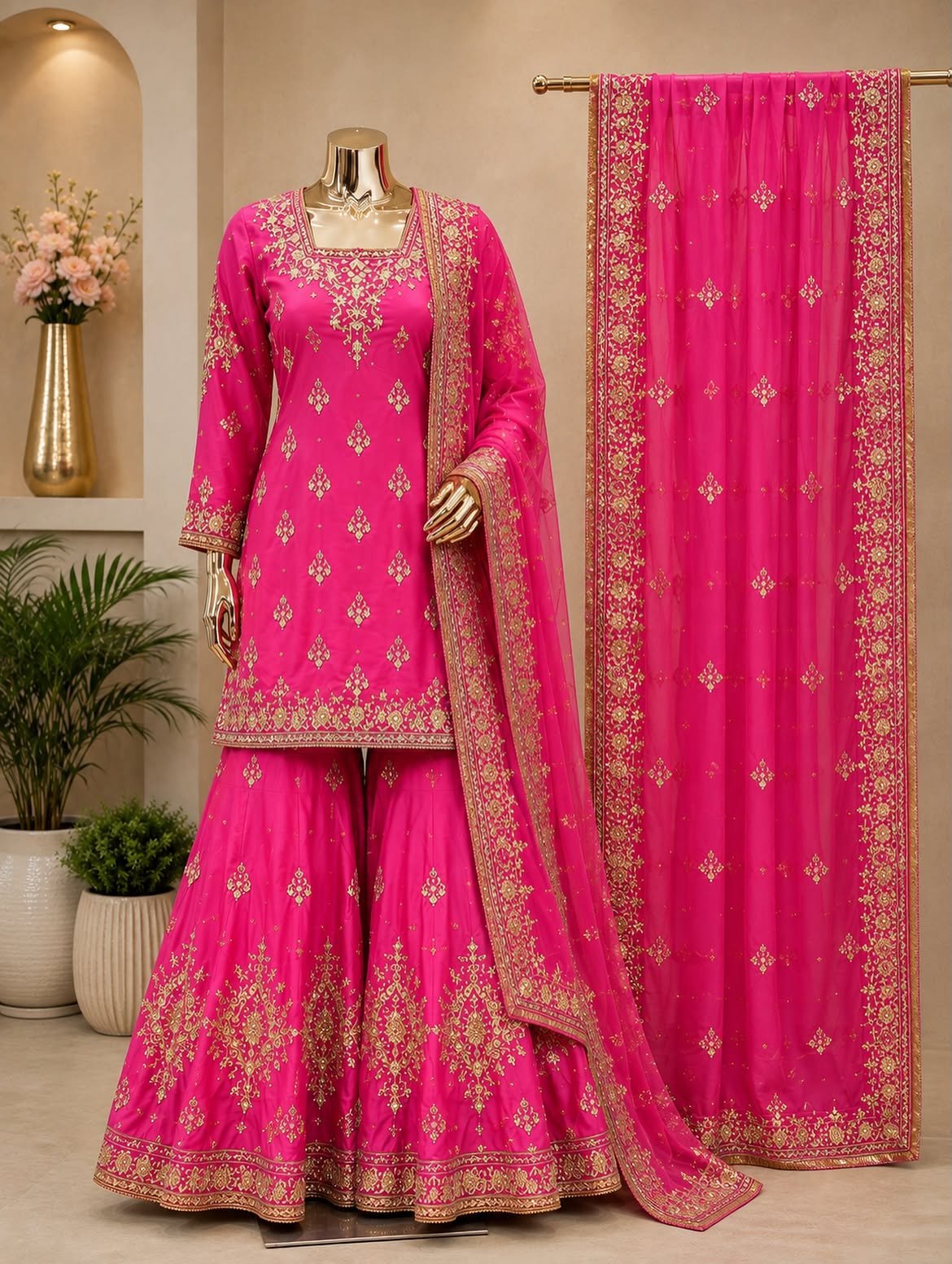 Fashion Hut Radiant Fuchsia Handcrafted Mirror Work Sharara Suit