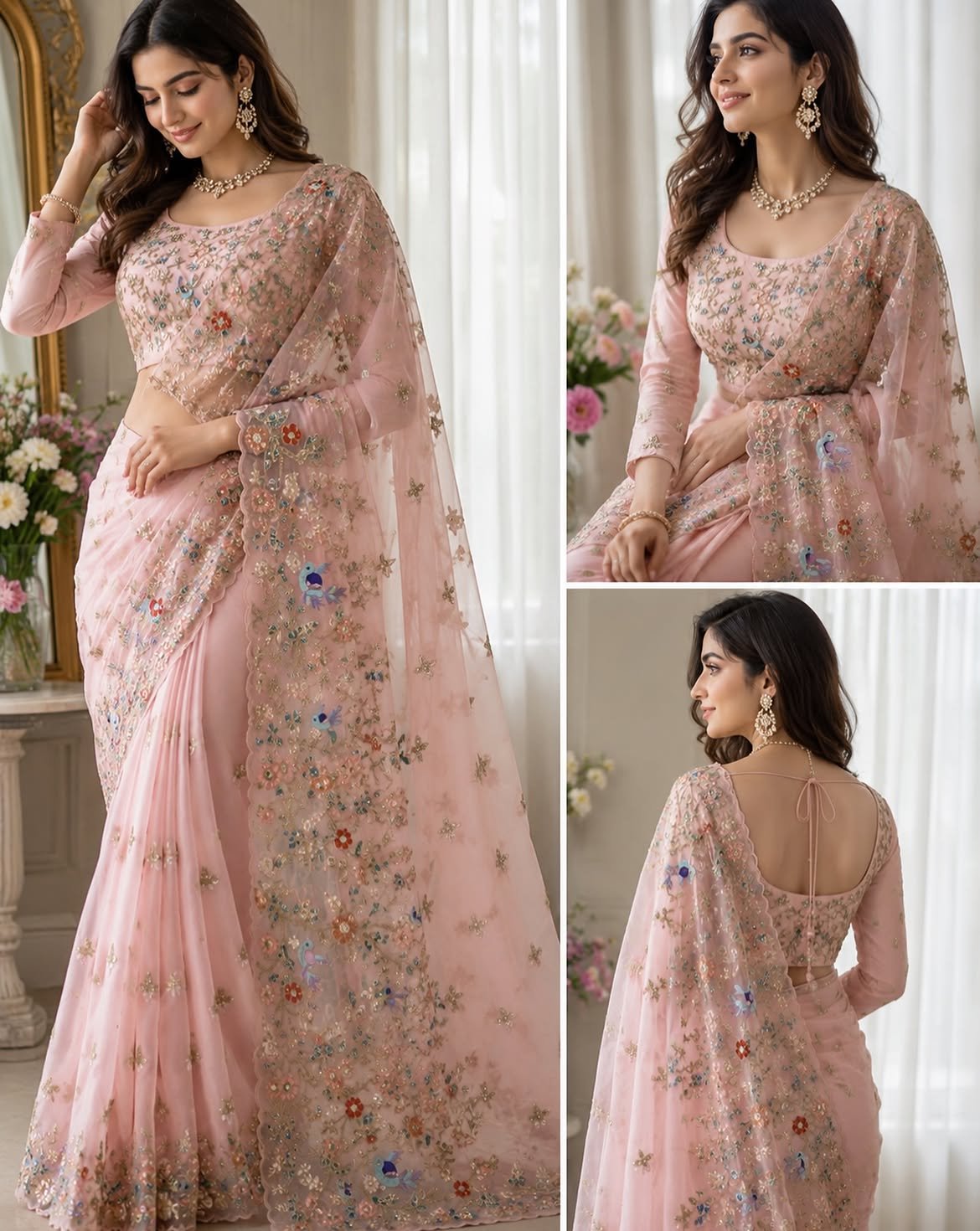 Fashion Hut Ethereal Blush Pink Floral Embroidered Organza Saree